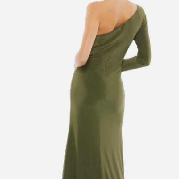 MAC DUGGAL 55696 ONE SLEEVE BEADED CUFF SIDE TWIST THIGH SLIT OLIVE GOWN sz 16 - Picture 5 of 6